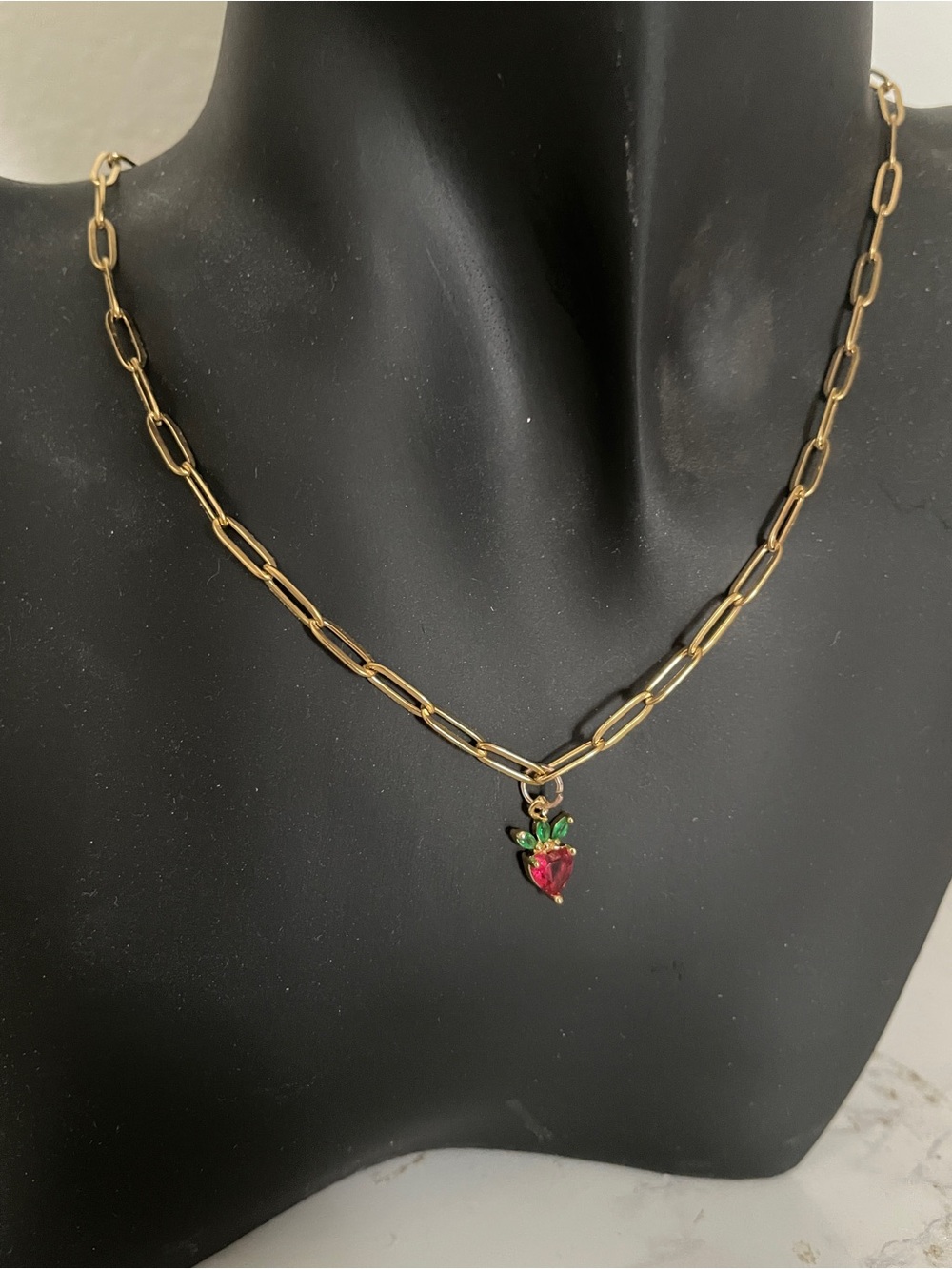 Waterproof Gold Paperclip Chain Necklace - Strawberry Charm